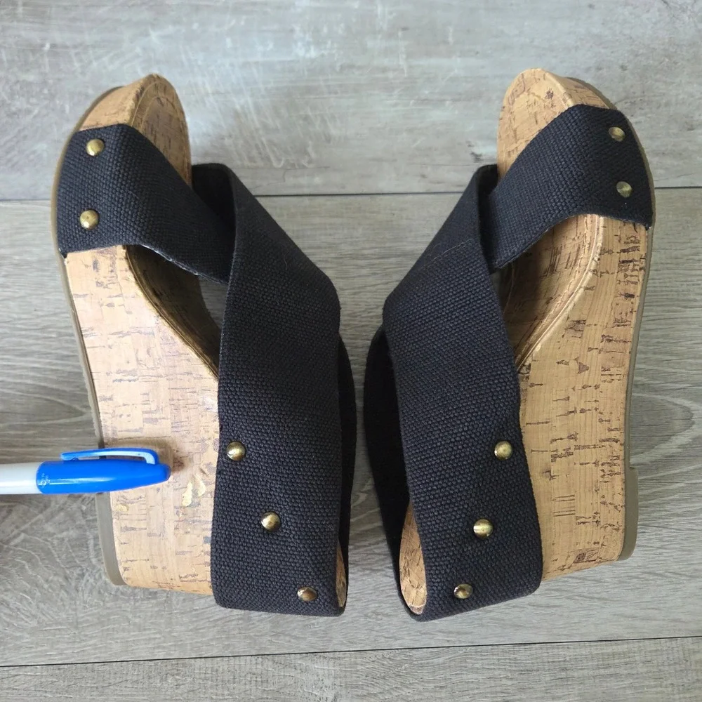 Esprit Womens 7 Black Canvas Studded Cork Wedge Platform Sandals Y2K Boho Slides